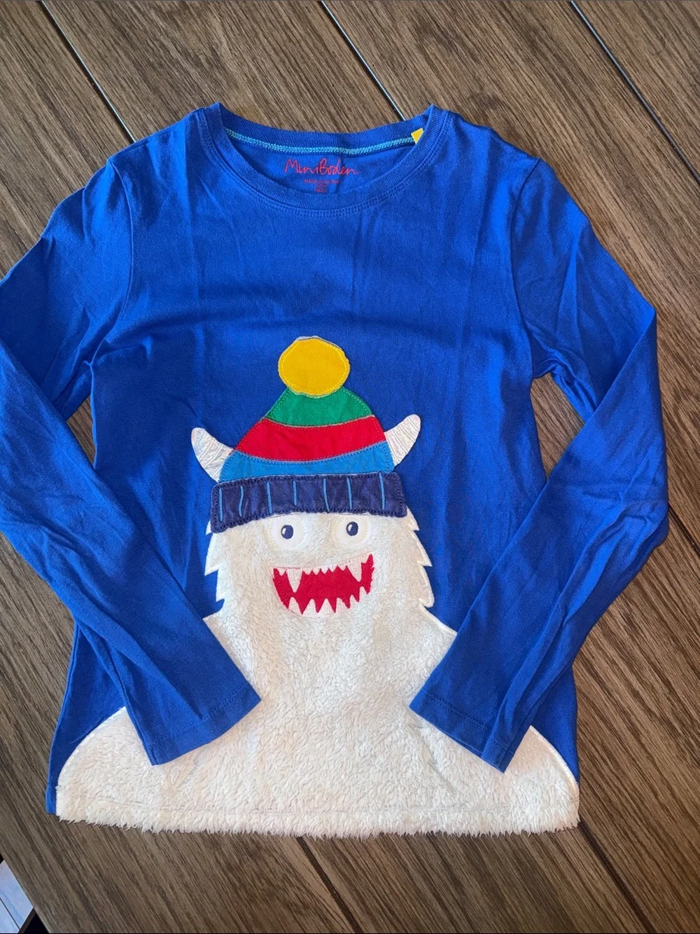 Mini Boden Bright Blue Yeti Applique Long Sleeve Top